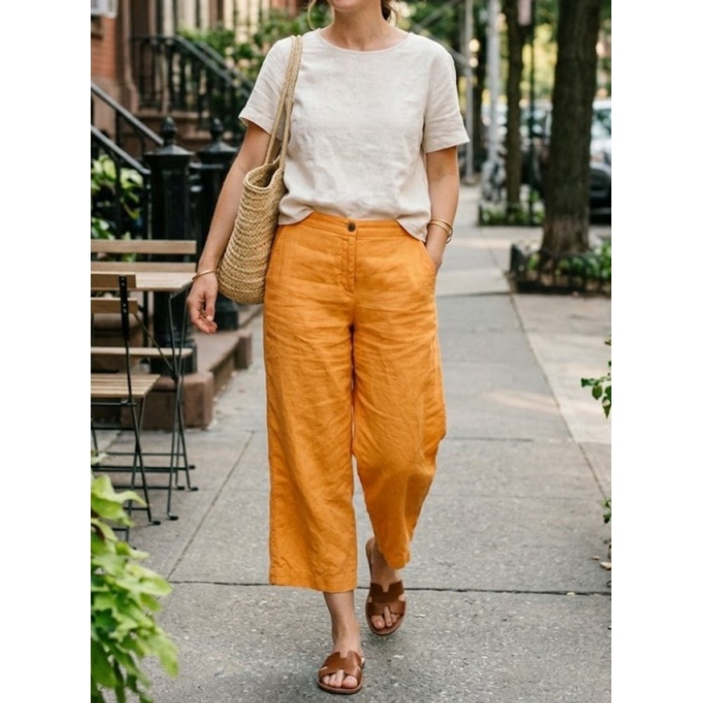 J.Jill Love Linen Pants Size XL Orange Cropped Elastic Pull-on Waist Button Fly
